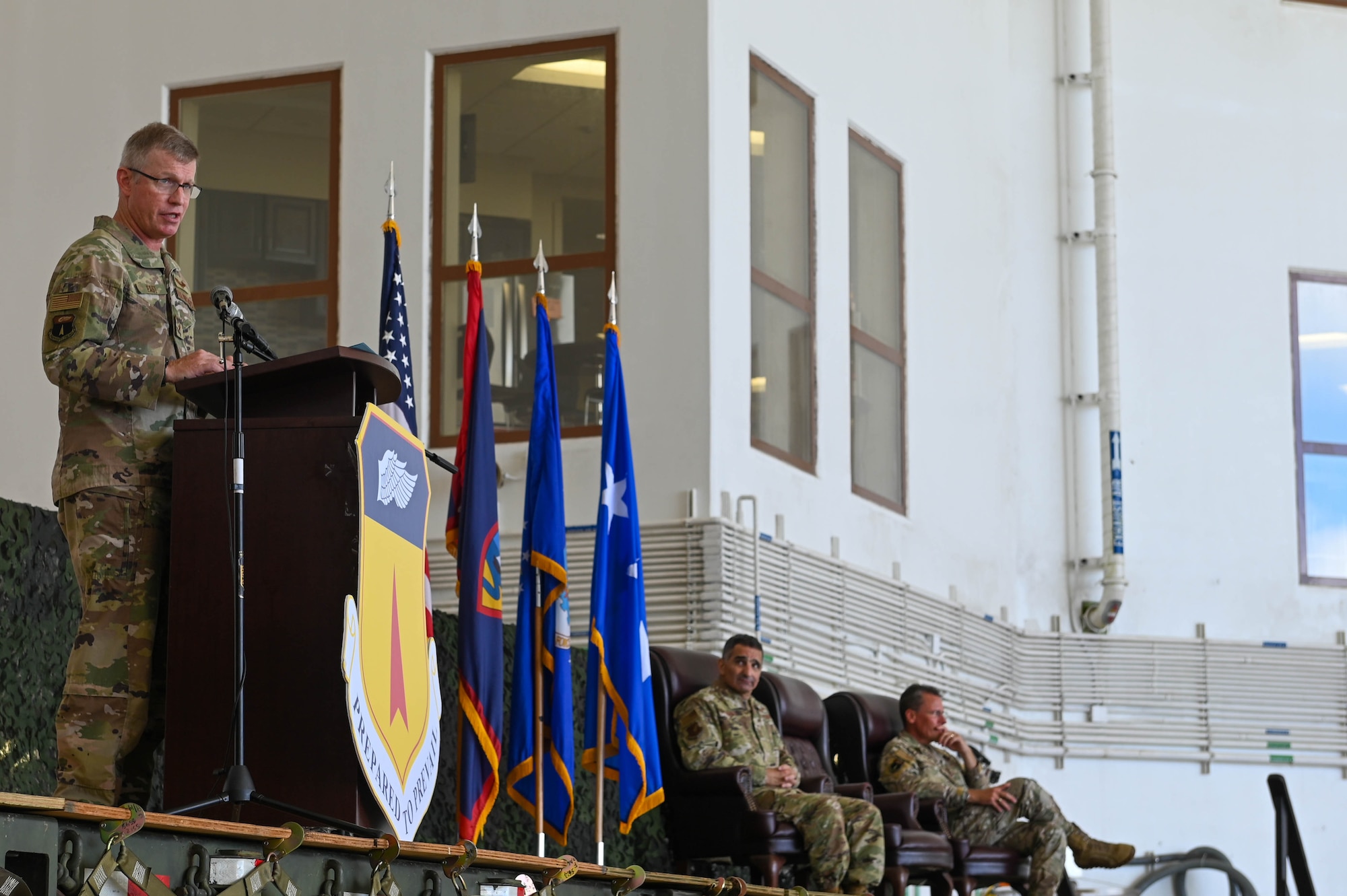 U.S. Air Force Brig. Gen. Paul Fast offers remarks during the 36th Wing change of command ceremony at Andersen Air Force Base, Guam, June 30, 2023.
