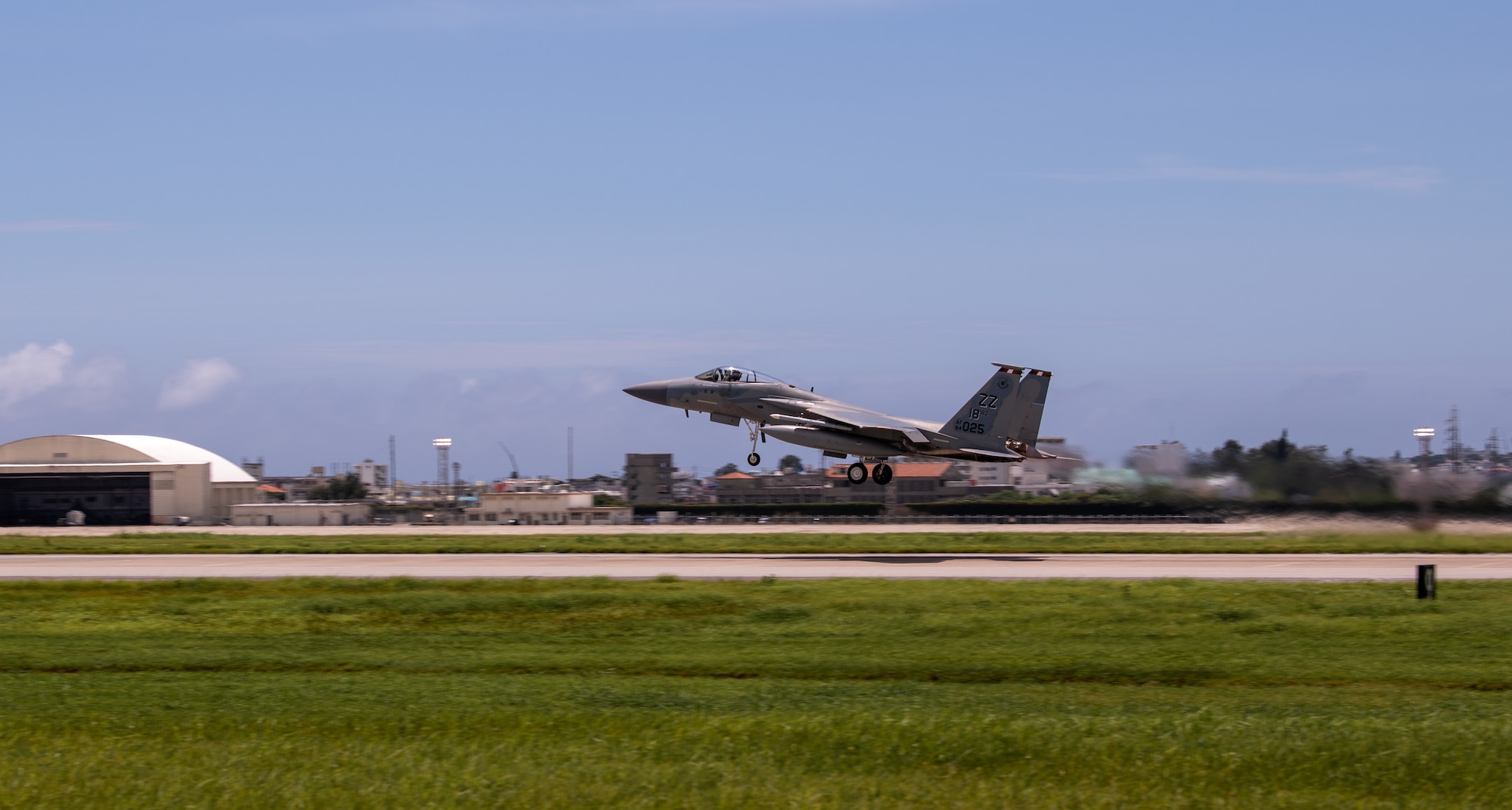 An aircraft takes off.