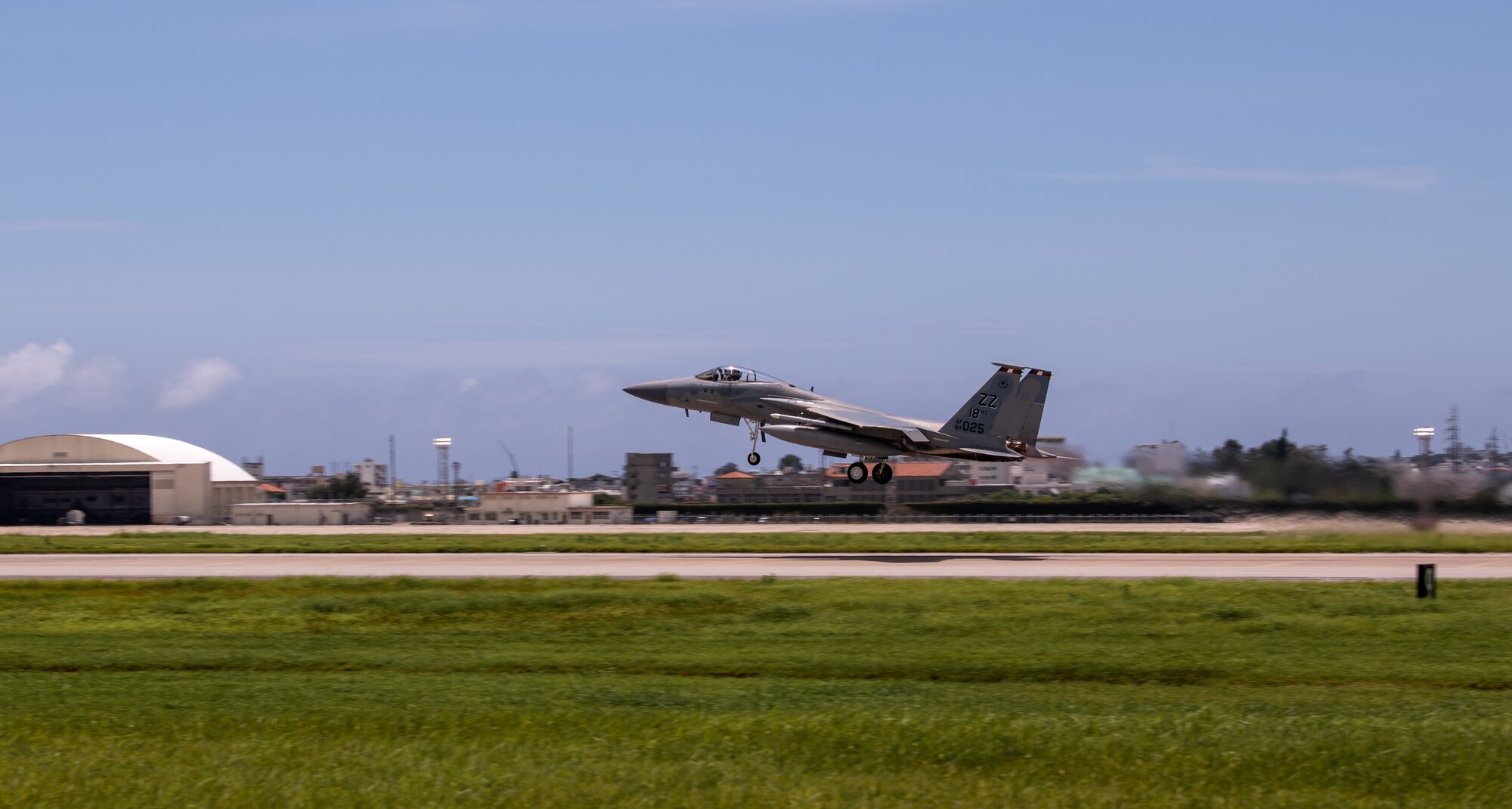 An aircraft takes off.