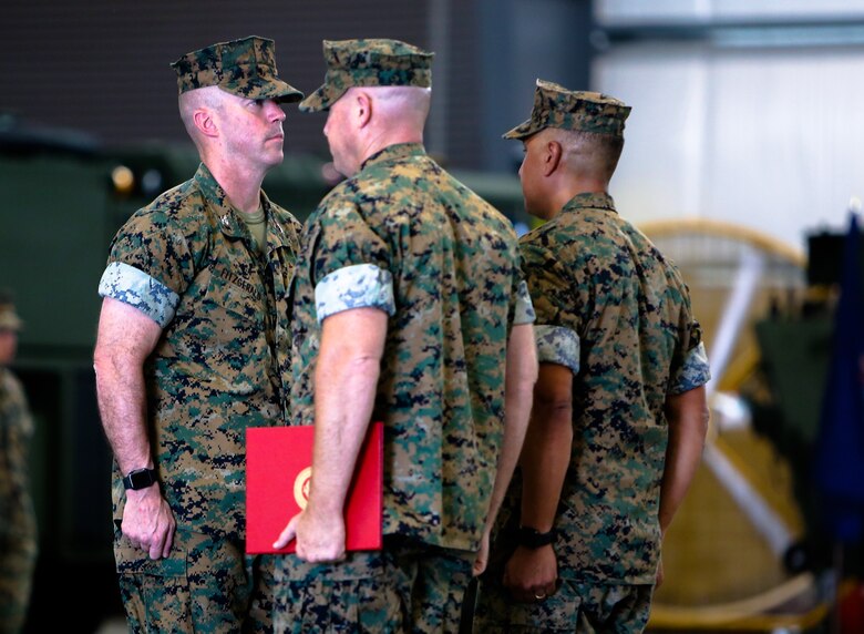 Col. Matthew J. McKinney assumed command of Marine Corps Logistics Base Albany after Col. Michael J. Fitzgerald relinquished command, June 29. Leadership from the Albany area community were in attendance at the change of command ceremony along with Col. Adolfo Garcia Jr., commander, Marine Corps Installations East. (U.S. Marine Corps photo by Jennifer Parks)