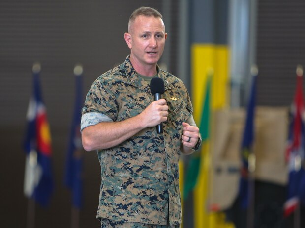 Col. Matthew J. McKinney assumed command of Marine Corps Logistics Base Albany after Col. Michael J. Fitzgerald relinquished command, June 29. Leadership from the Albany area community were in attendance at the change of command ceremony along with Col. Adolfo Garcia Jr., commander, Marine Corps Installations East. (U.S. Marine Corps photo by Jennifer Parks)