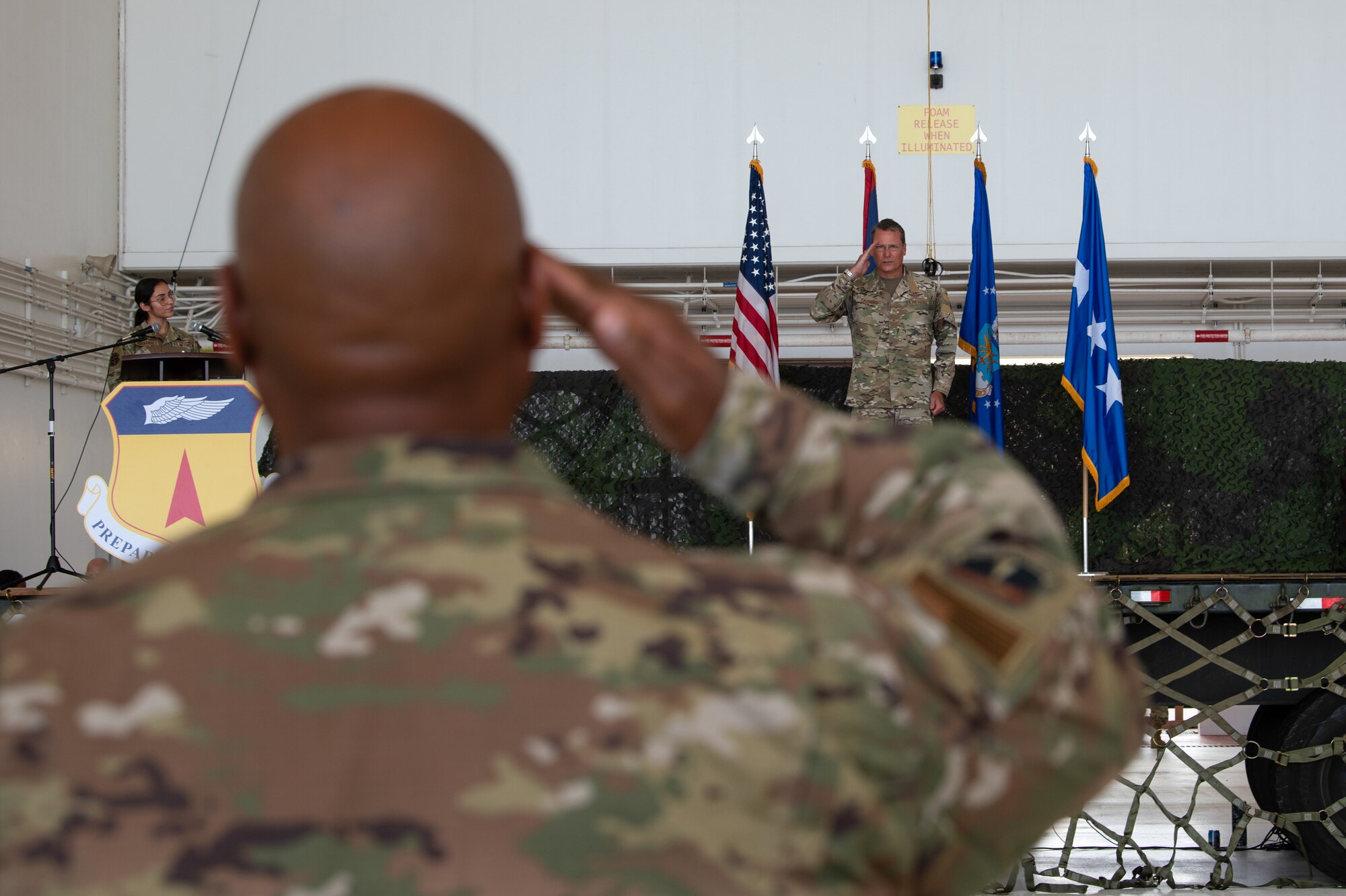 U.S. Air Force Brig. Gen. Thomas Palenske, renders his first salute during the 36th Wing change of command ceremony, June 30, 2023, at Andersen Air Force Base, Guam. The 36th Wing consists of more than 8,000 joint military and civilian personnel on Andersen AFB.