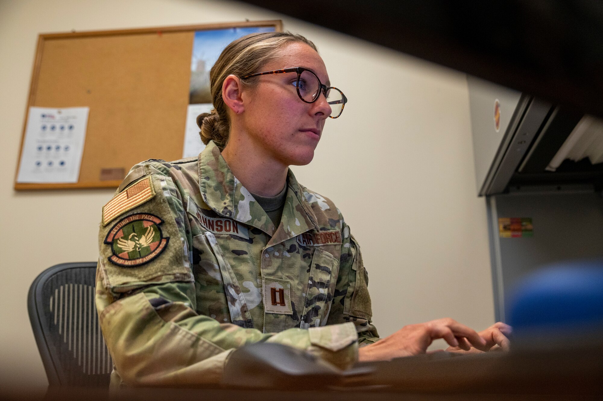 U.S. Air Force Capt. H. Marleen Johnson, 51st Medical Group public health element chief, sends emails in her office at Osan Air Base, Republic of Korea, June 26, 2023.