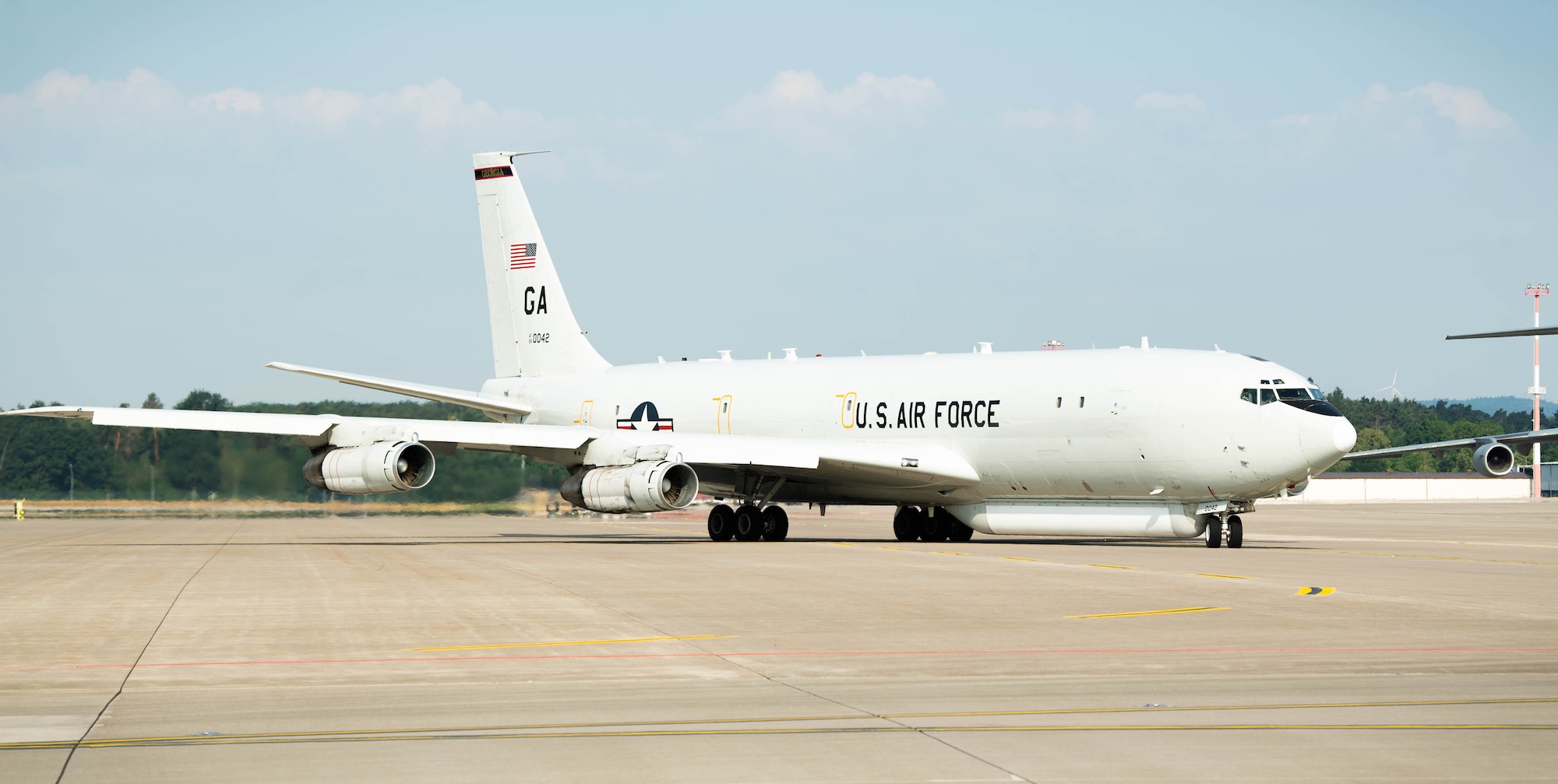 An E-8C Joint Surveillance Target Attack Radar System aircraft taxis at Ramstein Air Base, Germany, June 26, 2023. The JSTARS aircraft, which is deployed to Ramstein Air Base from the Georgia Air National Guard’s 116th Air Control Wing at Robins Air Force Base, Georgia, is an airborne battle management, command and control, intelligence, surveillance and reconnaissance platform. Until now, JSTARS were operated by Guardsmen from the 116th ACW, active duty Airmen assigned to the 461st Air Control Wing and the U.S. Army’s 138th Military Intelligence Company.