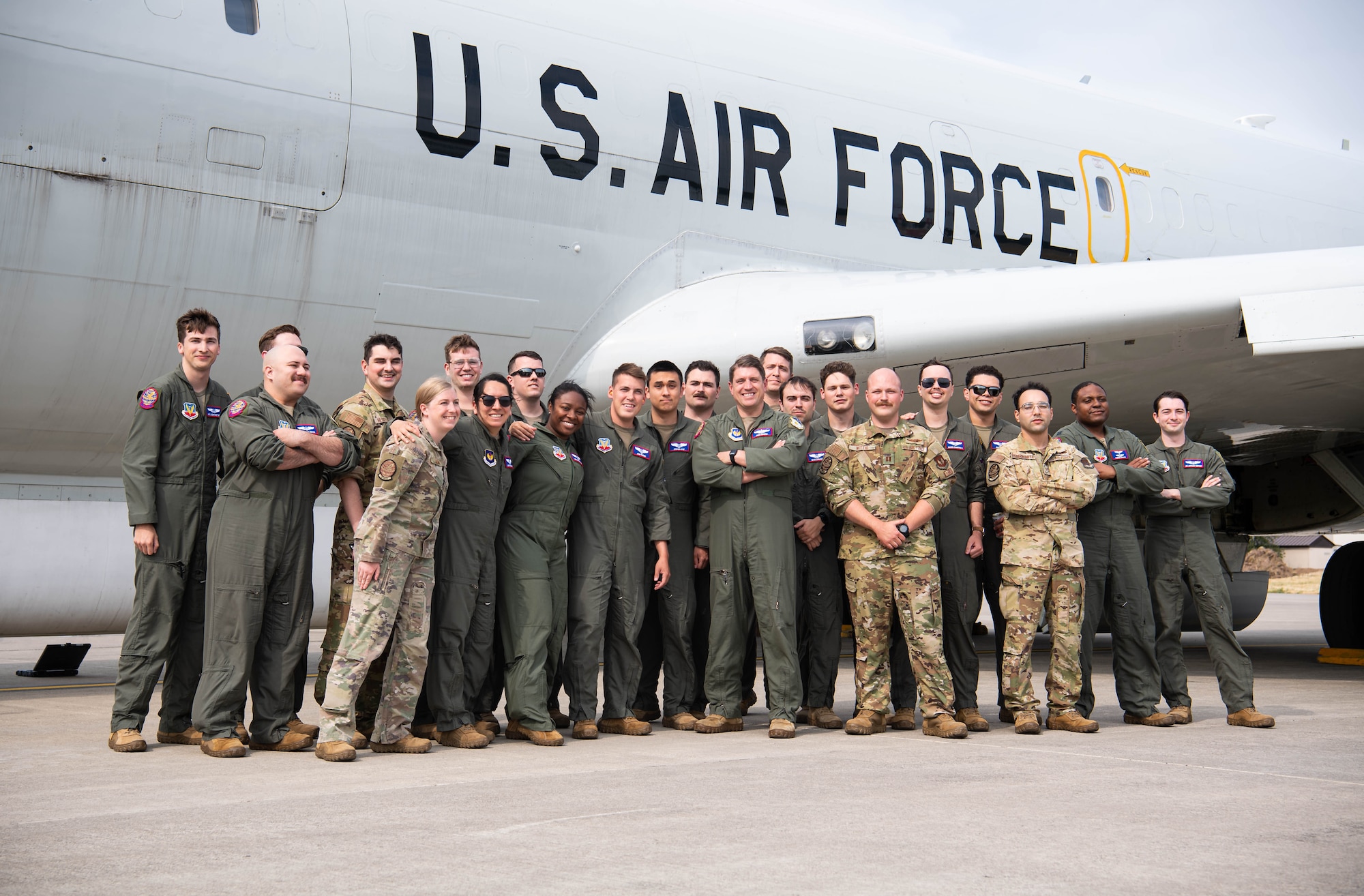 Aircrew of an E-8C Joint Surveillance Target Attack Radar System aircraft stand together following the platform’s final active duty flight at Ramstein Air Base, Germany, June 26, 2023. The men and women of the JSTARS team have been instrumental to overseas contingency operations, flying more than 85,000 combat hours in support of Operations Enduring Freedom, New Dawn, Odyssey Dawn and Unified Protector.