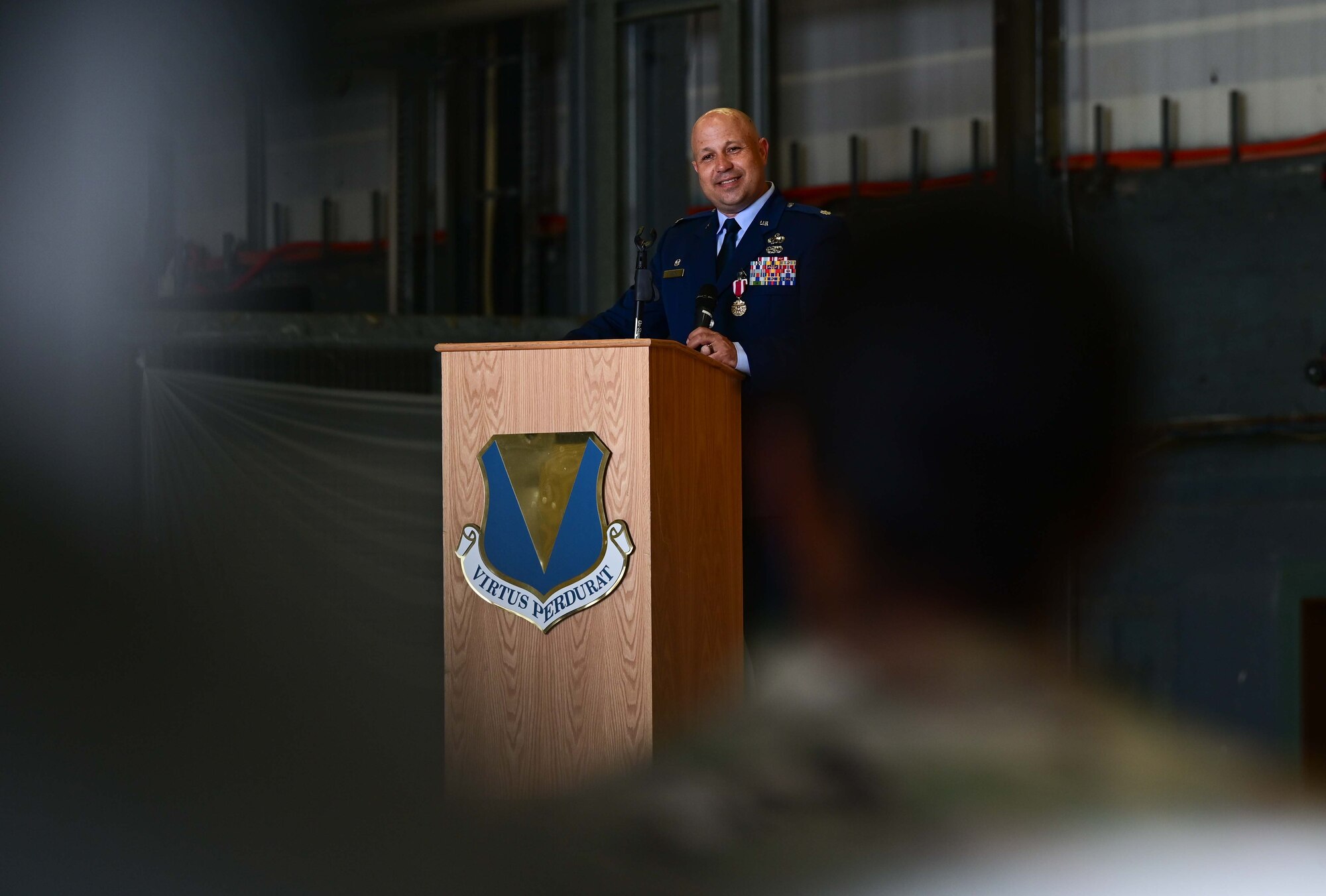U.S. Air Force Lt. Col. Micah Neece, 86th Comptroller Squadron outgoing commander, gives remarks during the 86th CPTS change of command ceremony at Ramstein Air Base, Germany, June 28, 2023. Neece will be moving on to his next assignment as a financial management officer at the Pentagon, Washington, D.C. (U.S. Air Force photo by Senior Airman Andrew Bertain)