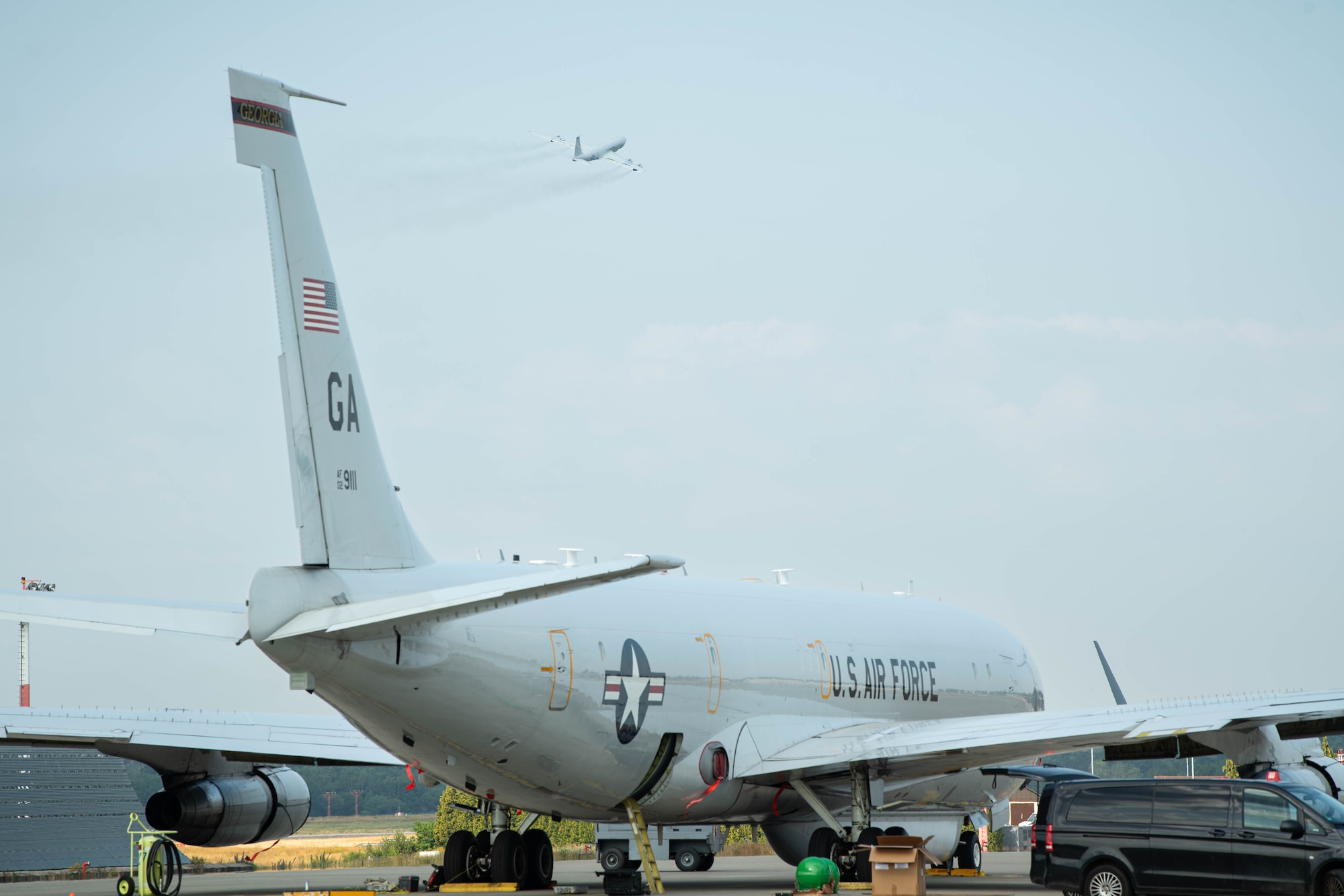 An E-8C Joint Surveillance Target Attack Radar System aircraft departs from Ramstein Air Base, Germany, June 26, 2023. The JSTARS aircraft is deployed to Ramstein Air Base from the Georgia Air National Guard’s 116th Air Control Wing at Robins Air Force Base, Georgia. The men and women of the JSTARS team have been instrumental to overseas contingency operations, flying more than 85,000 combat hours in support of Operations Enduring Freedom, New Dawn, Odyssey Dawn and Unified Protector.