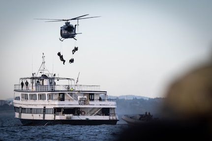 Members of the Canadian Special Operations Forces Command repel from a helicopter during Exercise Vital Archer 23 in June 2023. Led by U.S. Northern Command and Canadian Special Operations Forces Command, Vital Archer 23 featured approximately 1,400 participants from 23 U.S. and Canadian government agencies from across both nations’ national security enterprises, with special operations forces from both nations.