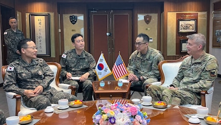 Army Gen. Daniel Hokanson, chief, National Guard Bureau, right, visits  the Republic of South Korea to assess potential National Guard contributions at a time of deepening U.S. and ROK defense and security ties May 16, 2023. This image was acquired using a cellular device.