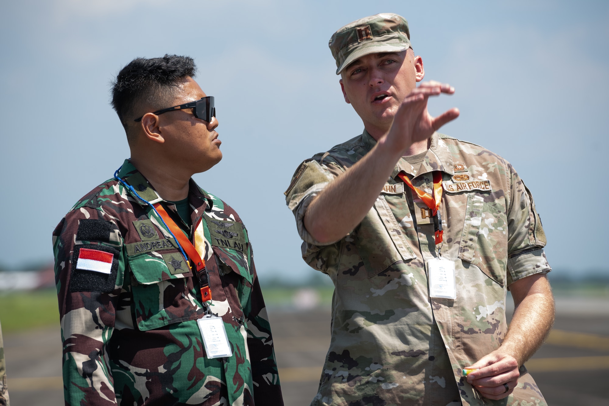 U.S. Air Force Capt. Dylon Schwahn, 5th Aircraft Maintenance Squadron, 23rd Aircraft Maintenance Unit officer in charge, explains B-52H Stratofortress maintenance procedures to a member of the Tentara Nasional Indonesia Angkatan Udara, or Indonesian Air Force, during a bilateral training exercise at the Kualanamu International Airport in Medan, Indonesia, June 19, 2023. Bilateral training exercises such as this enhance interoperability between the U.S. and Indonesian air forces and contribute to the long-term advancement of the nations’ shared interests. (U.S. Air Force photo by Tech. Sgt. Zade Vadnais)