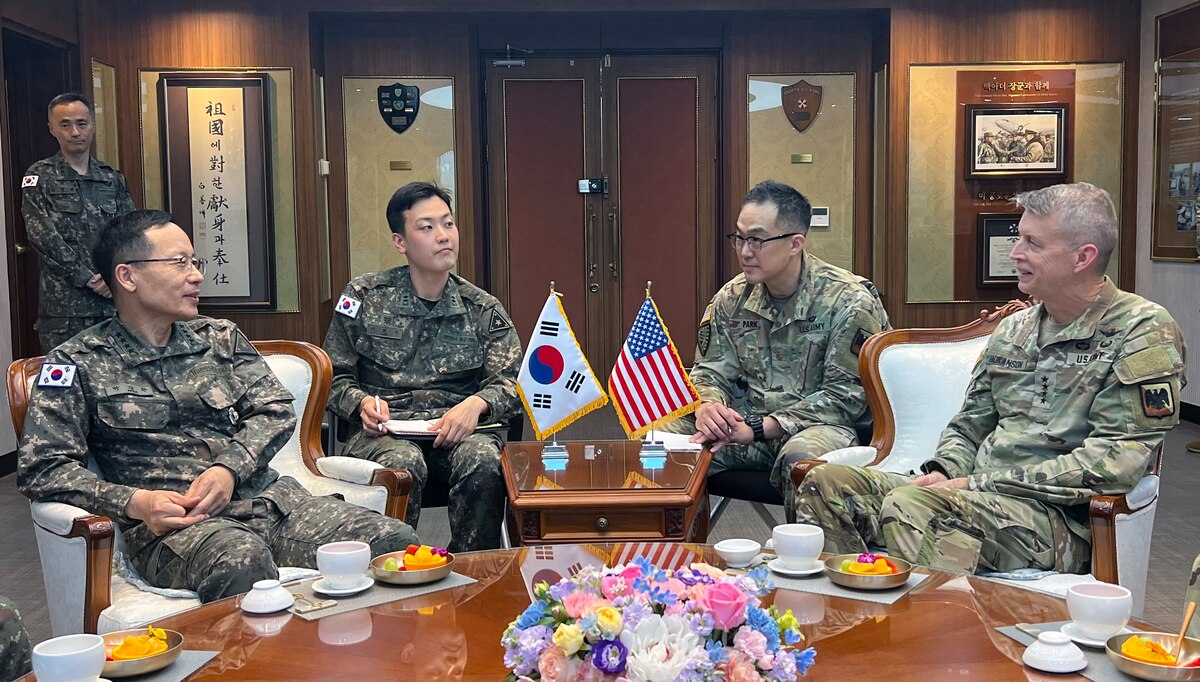 Army Gen. Daniel Hokanson, chief, National Guard Bureau, right, visits  the Republic of South Korea to assess potential National Guard contributions at a time of deepening U.S. and ROK defense and security ties May 16, 2023. This image was acquired using a cellular device.
