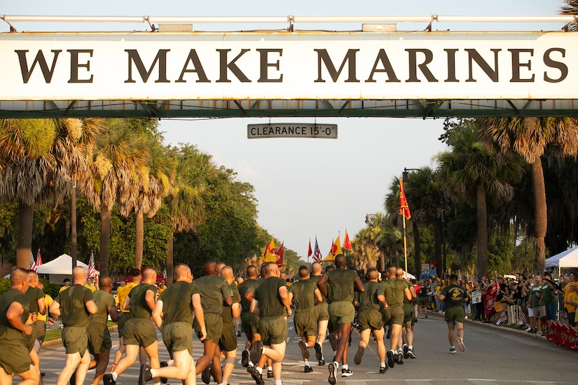 Troops run in formation.