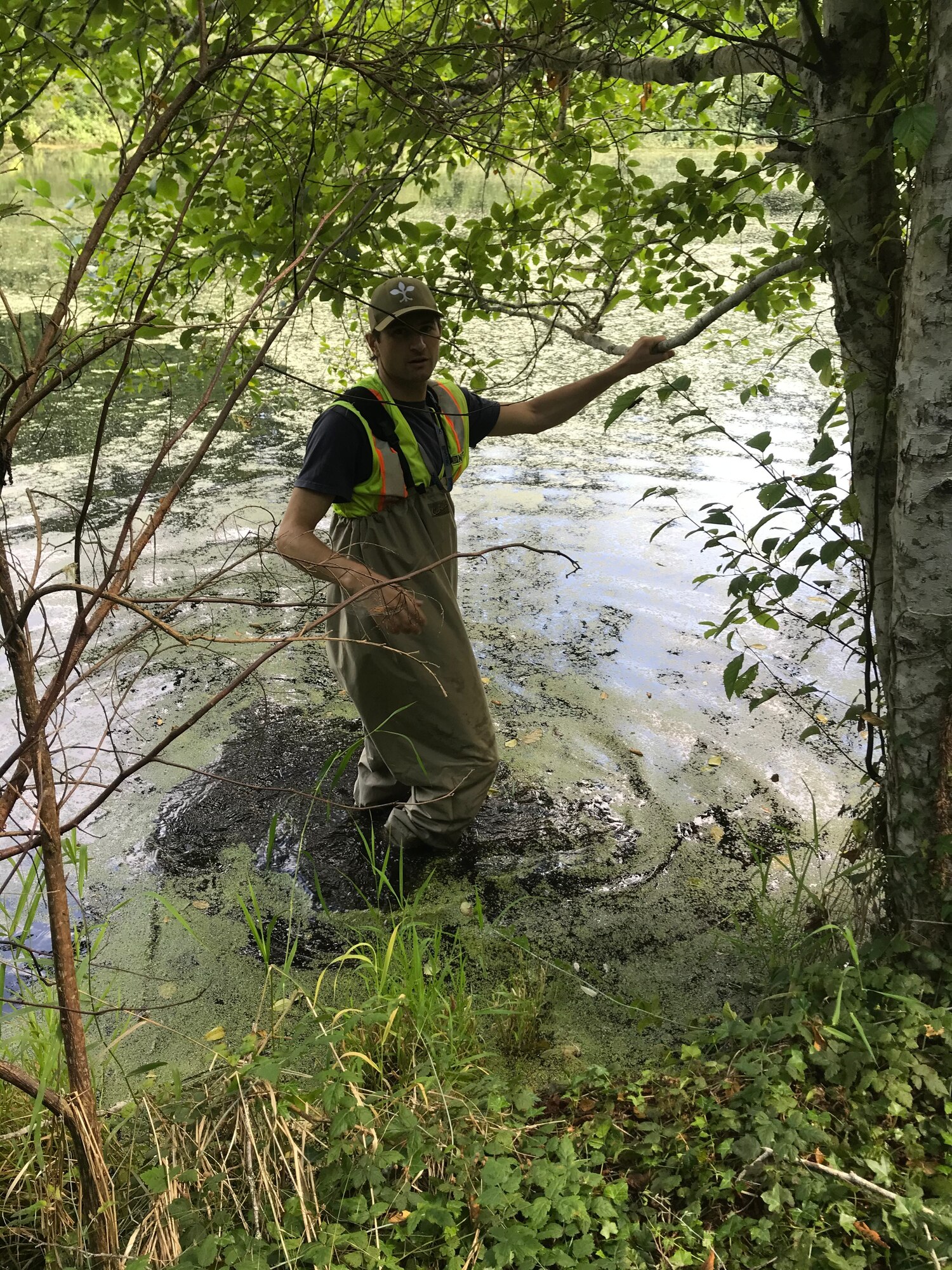 Man in waders standing in pond.