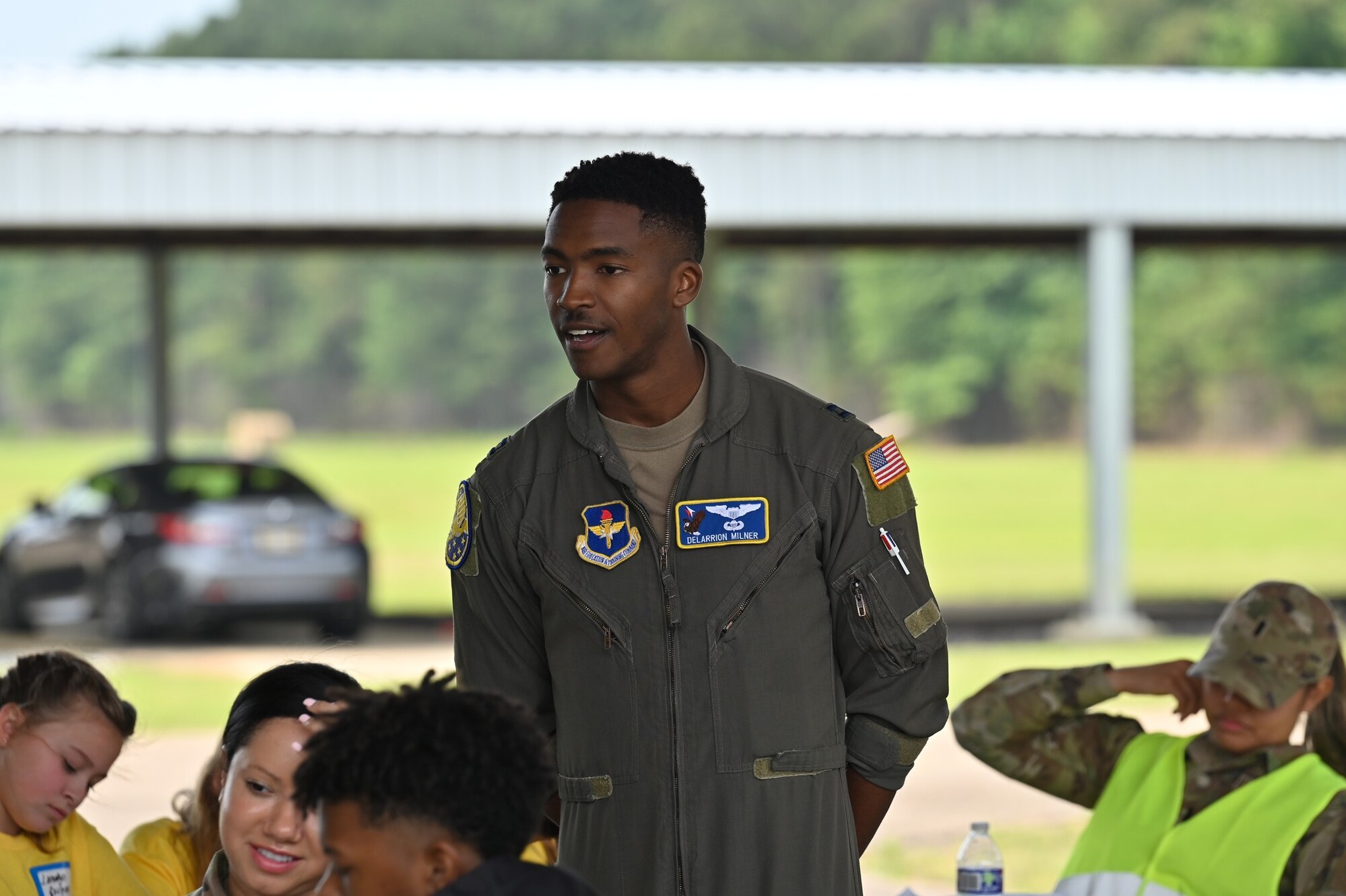 USAF Pilot speaks with students during Eyes Above the Horizon event.