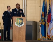 U.S. Air Force Col. Rofelio Grinston, 5th Maintenance Group (MXG) commander, gives a speech at the 5th MXG change of command ceremony at Minot Air Force Base, North Dakota, June 29, 2023. Before taking command of the 5th MXG, Grinston held the position of Military Deputy Program Executive Officer's for the Rapid Sustainment Office, Air Force Life Cycle Management Center, Air Force Materiel Command at Wright-Patterson AFB, Ohio. (U.S. Air Force photo by Senior Airman Evan Lichtenhan)