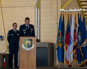 U.S. Air Force Col. Jeffrey Anderson, outgoing 5th Maintenance Group (MXG) commander, delivers his final remarks before relinquishing command of the 5th MXG at Minot Air Force Base, North Dakota, June 29, 2023. Anderson initially took command of the 5th MXG in June 2021. (U.S. Air Force photo by Senior Airman Evan Lichtenhan)