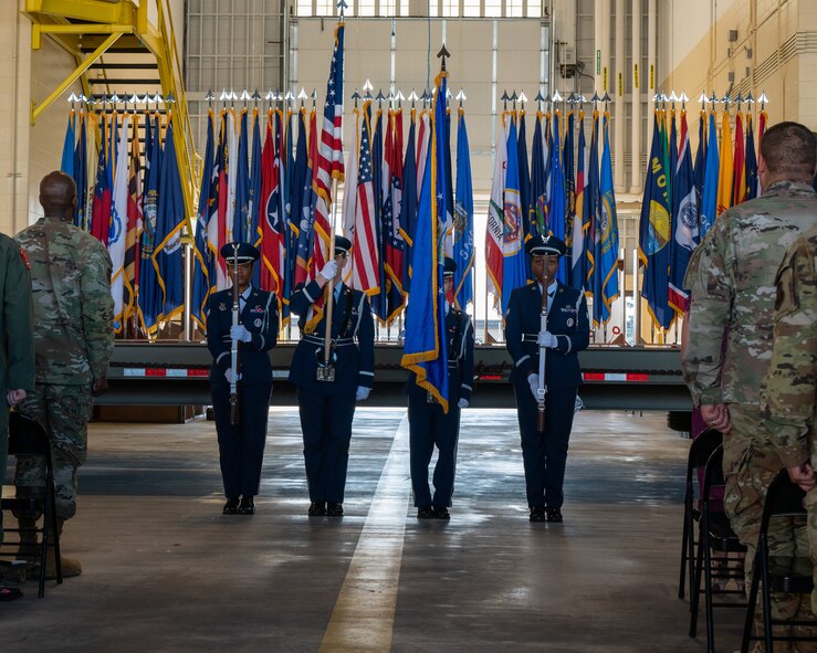 Minot Air Force Base Honor Guard presents the colors during the singing of the national anthem at the 5th Maintenance Group (MXG) change of command at Minot Air Force Base, North Dakota, June 29, 2023. The U.S. Air Force Honor Guard’s mission is to deliver premier ceremonial honors, inspire the nation, and represent all Airmen and Guardians to the world. (U.S. Air Force photo by Senior Airman Evan Lichtenhan)