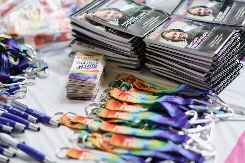 Pride-themed souvenirs are displayed on one of the many booths during Pride Fest at The Club on Joint Base Andrews, Md., June 29, 2023.