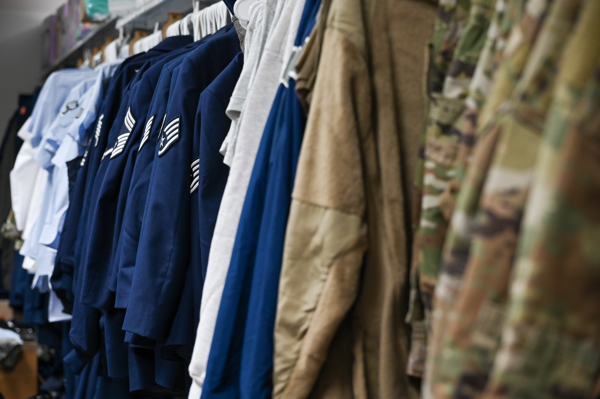 A variety of uniform items are available at the Airman's Attic at Hill Air Force Base, Utah. Airman's Attic provides free uniforms, clothing, household items and food to the military. (U.S. Air Force photo by Cynthia Griggs)
