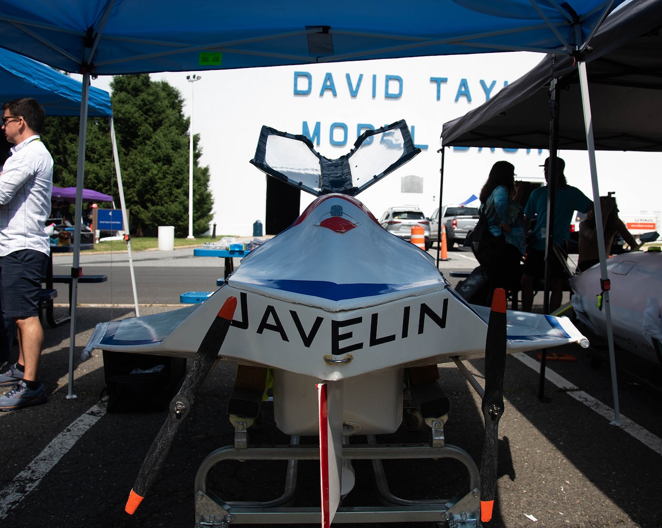 The Javelin sits on a cart in front of Naval Surface Warfare Center, Carderock Division’s David Taylor Model Basin in West Bethesda, Md., on June 26, 2023. Quin Barone, the creator of the submarine, said his hull design was inspired by the Lockheed SR-71 “Blackbird,” a long-range, high altitude, Mach 3+ strategic reconnaissance aircraft. (U.S. Navy photo by Edvin Hernandez)