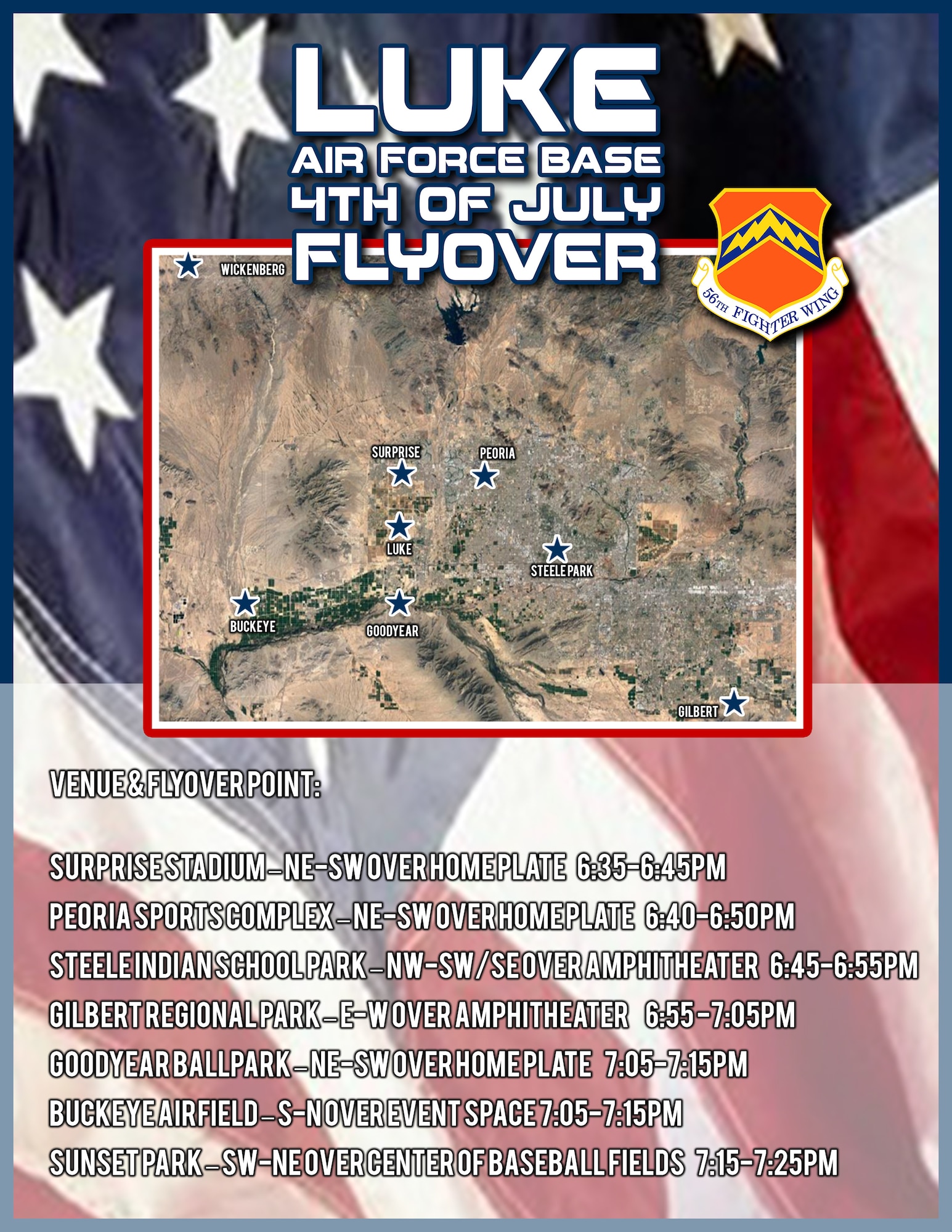 A poster outlining the times and locations to best see the Luke Air Force Base 4th of July Fly Over.