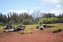 U.S. Marines with Advanced Infantry Training Battalion, School of Infantry-West, Hawaii Detachment, secure a landing zone during an Advanced Infantry Marine Course, Kahuku Training Area, Hawaii, June 26, 2023. AIMC is advanced infantry training designed to enhance and test Marines’ skills with a focus on reinforcing proper patrols and operational procedures. (U.S. Marine Corps photo by Lance Cpl. Terry Stennett III)