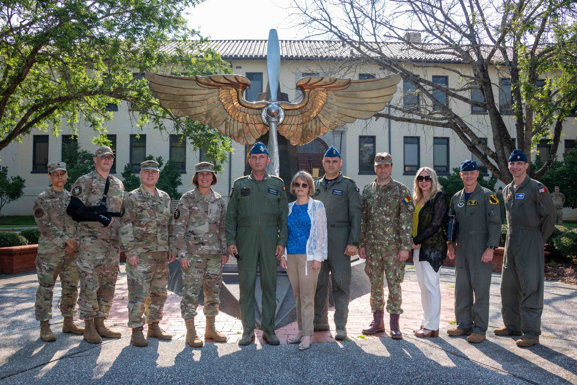 Air University Commander and President Lt. Gen. Andrea Tullos welcomes Chief of the Romanian Air Force Staff Lt. Gen. Viorel Pană and his delegation to Maxwell Air Force Base, Ala., Jun. 30, 2023. Pană, a 1996 graduate from AU’s Squadron Officer School, will be inducted into the Chief of Staff of the Air Force and Chief Master Sergeant of the Air Force International Honor Roll. International Honor Roll recognizes former AU students who rose to the equivalent level of Chief of Staff or higher or Chief Master Sergeant of the Air Force or higher in their respective services. (U.S. Air Force photo by Melanie Rodgers Cox)