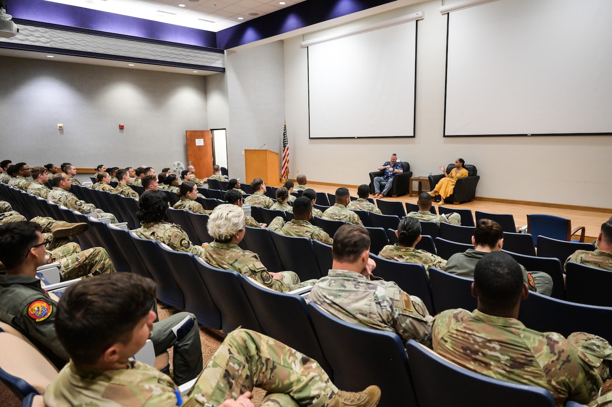 Team Hickam attends a brief led by retired Army Command Sgt. Maj. John Wayne Troxell, who served as senior enlisted advisor to the chairman of the joint chiefs of staff, and Ms. Fawn Weaver, CEO and entrepreneur, at Joint Base Pearl Harbor-Hickam, Hawaii, June 27, 2023. Toxell and Weaver focused their briefs on leadership and the changes the military must be willing to make to retain their troops. (U.S. Air Force photo by Staff Sgt. Alan Ricker)