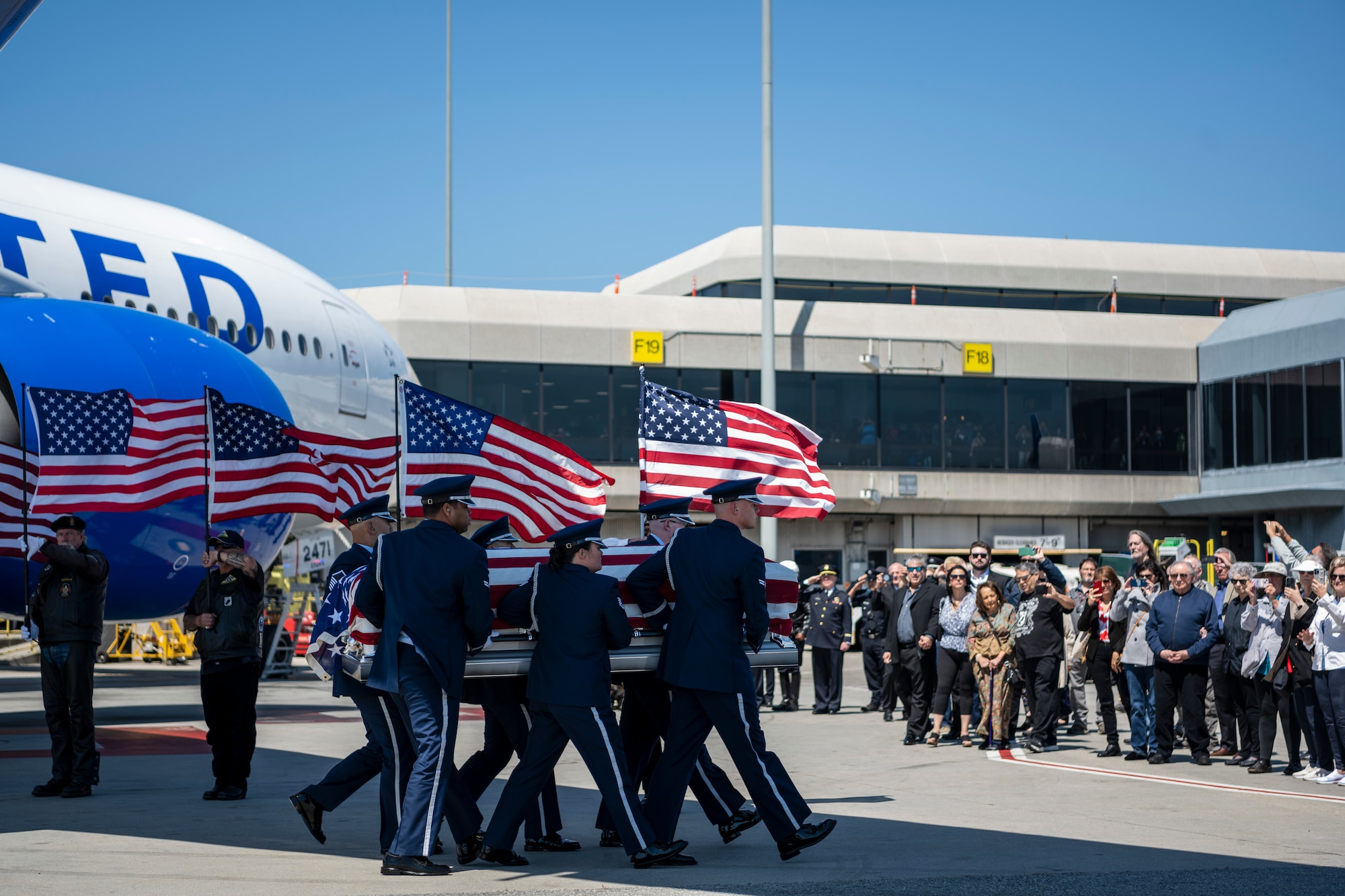 U.S. Airmen from the Travis Air Force Base Honor Guard carry the casket of U.S. Air Force Col. Ernest De Soto during his dignified arrival at San Francisco International Airport June 29, 2023. De Soto was killed in 1969 when his plane crashed into a mountain ridge during the Vietnam War. His remains were discovered in 1995, but it took more than 20 years for the Defense POW/MIA Accounting Agency (DPAA) to recover, identify and return them to his family in the Bay Area. (U.S. Air Force photo by Nicholas Pilch)
