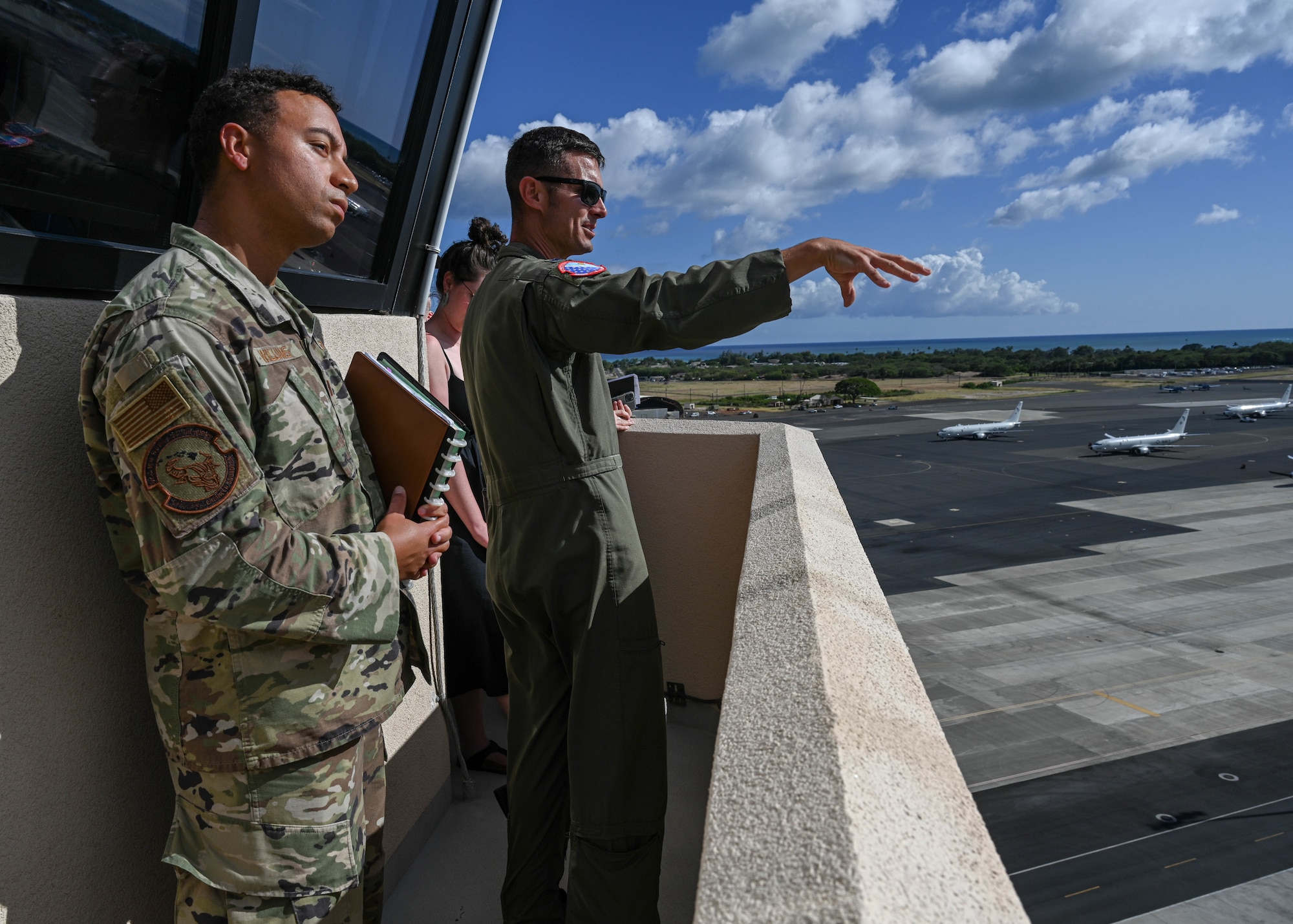 Lt. Col. Scott Durham, 15th Operational Support Squadron commander, briefs a group of Congressional Staff Delegates during a tour of the 15th Wing at Joint Base Pearl Harbor-Hickam, Hawaii, June 28, 2023. The tour provided the STAFFDELs with a comprehensive understanding of the installation’s mission and capabilities it provides in order to enable, employ and project combat power within the Indo-Pacific. (U.S. Air Force photo by Senior Airman Zoie Cox)