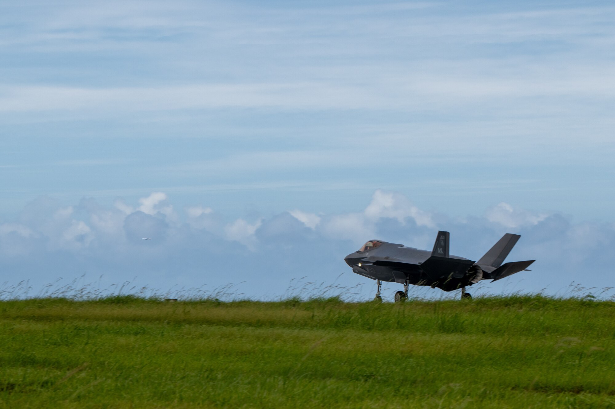 A plane in a field with a blue sky background.