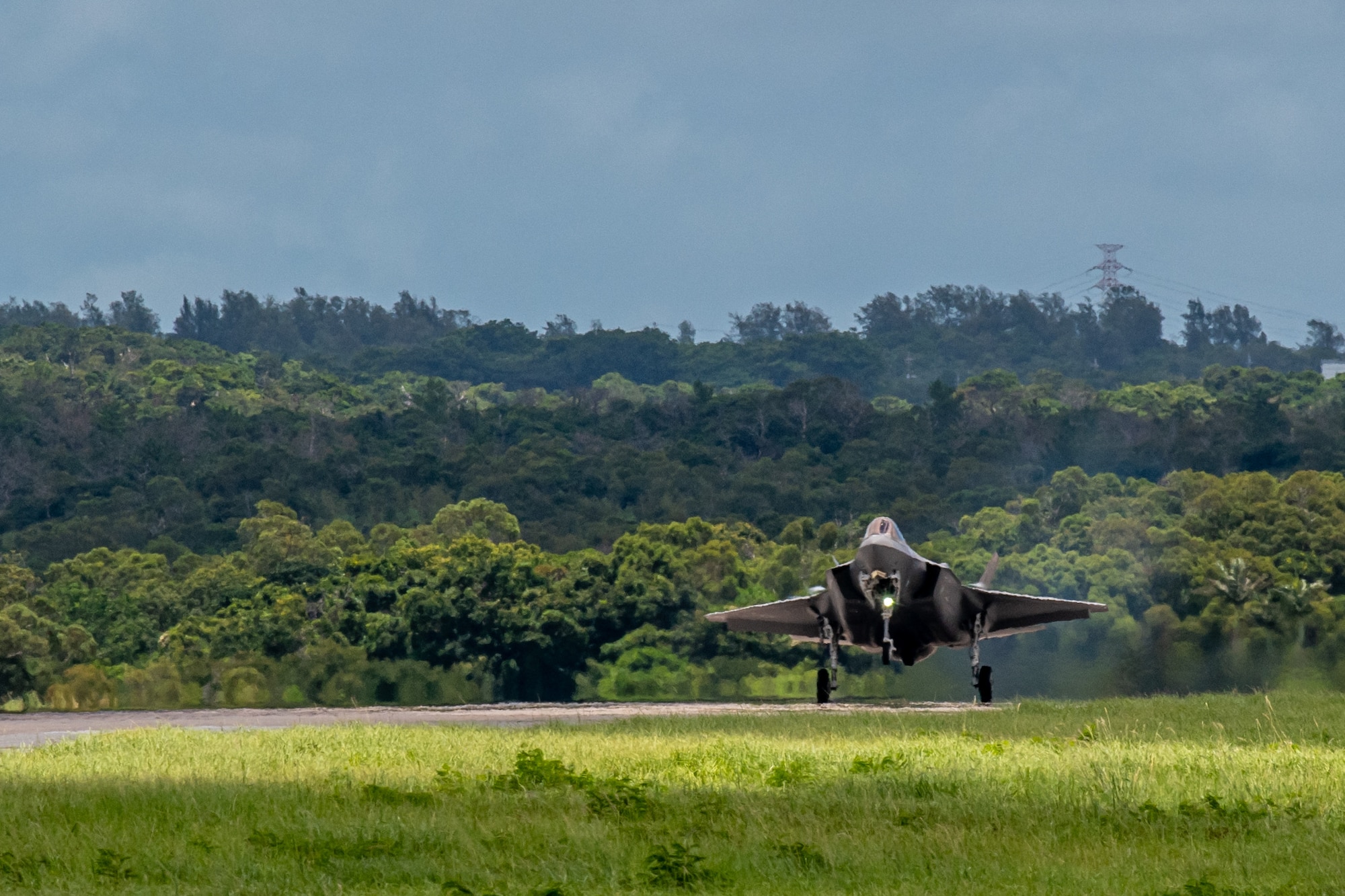 A plane lands on a runway.