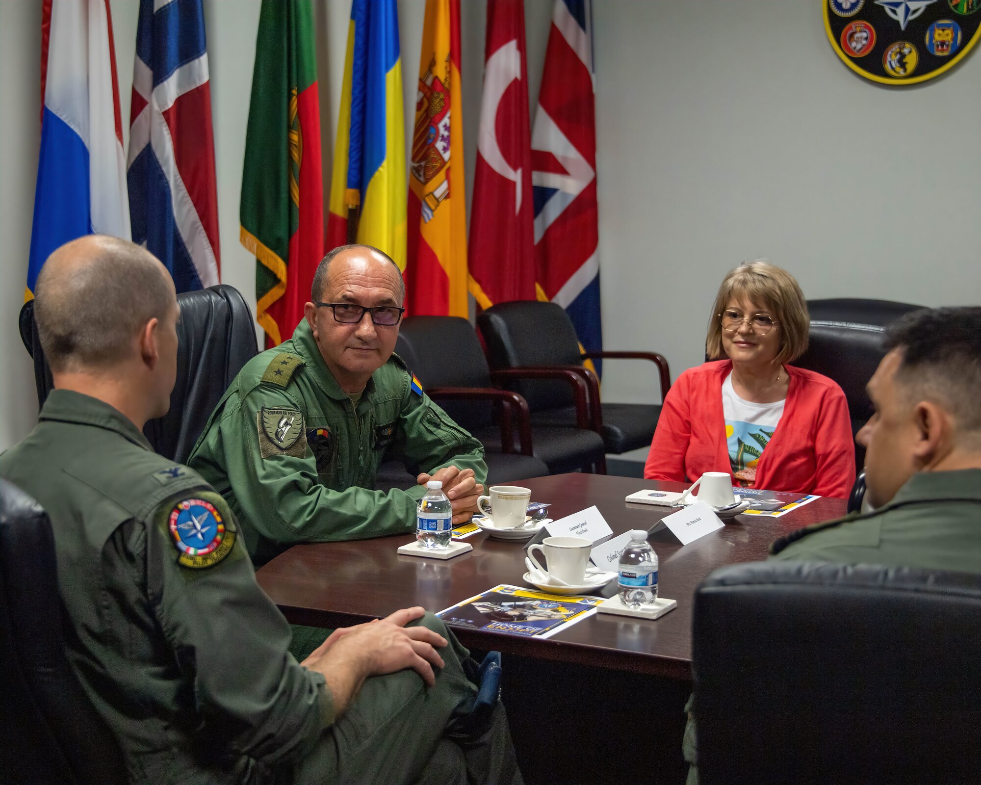 Chief of the Romanian Air Staff Lt. Gen. Viorel Pană and Mrs. Monica Pană meet with Col. Scott Gunn, Vice Commander of the 80th Flying Training Wing and Euro-NATO Joint Jet Pilot Training (ENJJPT), at Sheppard Air Force Base, Texas, June 29, 2023. Romania has been a member of ENJJPT since 2017 and the Romanian Air Force began training its first pilots there in May of 2019. (U.S. Air Force Photo by 1st Lt. Daniel Lindstrom)