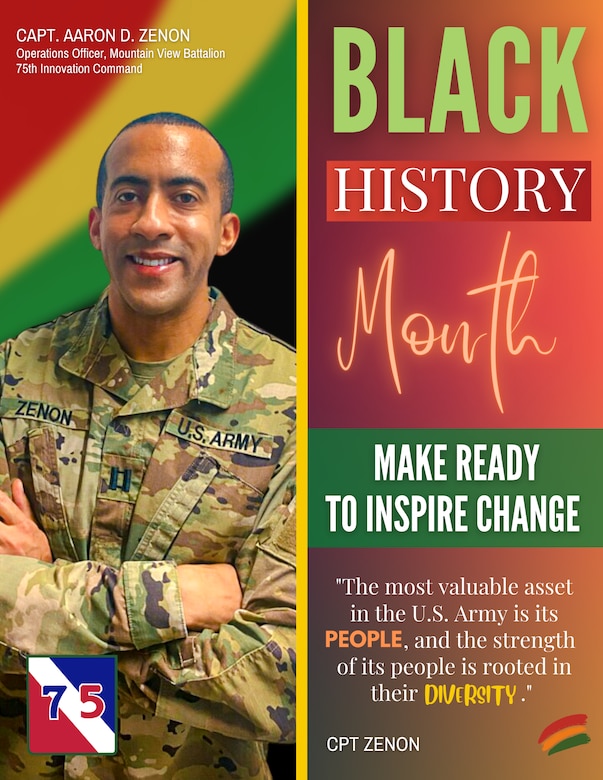 The 75th Innovation Command's Black History Month celebrations included a trio of candid Q&A interviews:
1. Capt. Aaron D. Zenon, operations officer, Mountain View Battalion, 75th IC
     A native of Colorado Springs, Zenon heard the calling to join the military when he and his high school freshmen classmates saw the planes hit the Twin Towers on live television Sept. 11, 2001. A decade passed before he enlisted in the Army - unbeknownst to his parents - as a combat engineer at the age of 24. In 2015, Zenon earned his commission through an accelerated, 60-day Officer Candidate School course in Ft. McClennan, Ala.
     Zenon has called Houston home since he transferred to the 75th IC from the 505th Signal Brigade in 2022 He and his wife, Sonia, a former Marine and current nurse at Texas Children's Hospital, have a four-year-old daughter, Savanna.
2. Chief Warrant Officer 4 Anitia M. Lewis, counterintelligence security operations cell chief & sexual assault response coordinator, 75th IC

     A native of Beaumont, Texas, Lewis recently celebrated her 29th year of active duty service. She began her Army career as a Military Police officer than transitioned to military intelligence as she entered the warrant officer ranks. Lewis has three children: Deelesia (32) Ebonaire (30) and Bryron, Jr. (20)
     Lewis recently married Jamison Charles, who recently published his first book entitled "SAVED-ish: Sometimes It's Hell Gettin' To Heaven."
3. Master Sgt. Kisha S. White, military equal opportunity advisor, 75th IC
     A native of Yazoo, Miss., White began her 29-year military career in the U.S. Air Force Reserve. She earned her Bachelor's in Psychology from The University of Southern Mississippi before transferring to the United States Army Reserve. When not wearing the uniform, Master Sgt. White serves as a Special Project Manager with Harris County, Texas. She is a proud mother of three and loves to sing.