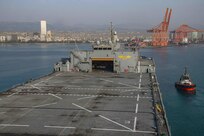 (Feb. 28, 2023) The USS Hershel "Woody" Williams (ESB 4) arrived in Mersin, Türkiye to deliver relief supplies to Turkish authorities for those affected by the earthquakes, Feb. 28, 2023.  At the request of the Turkish government, the Hershel “Woody” Williams is one of several U.S. military units, operating under U.S. Sixth Fleet, U.S. Naval Forces Europe (NAVEUR), and U.S. European Command as part of the Turkish earthquake relief efforts.