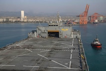 (Feb. 28, 2023) The USS Hershel "Woody" Williams (ESB 4) arrived in Mersin, Türkiye to deliver relief supplies to Turkish authorities for those affected by the earthquakes, Feb. 28, 2023.  At the request of the Turkish government, the Hershel “Woody” Williams is one of several U.S. military units, operating under U.S. Sixth Fleet, U.S. Naval Forces Europe (NAVEUR), and U.S. European Command as part of the Turkish earthquake relief efforts.