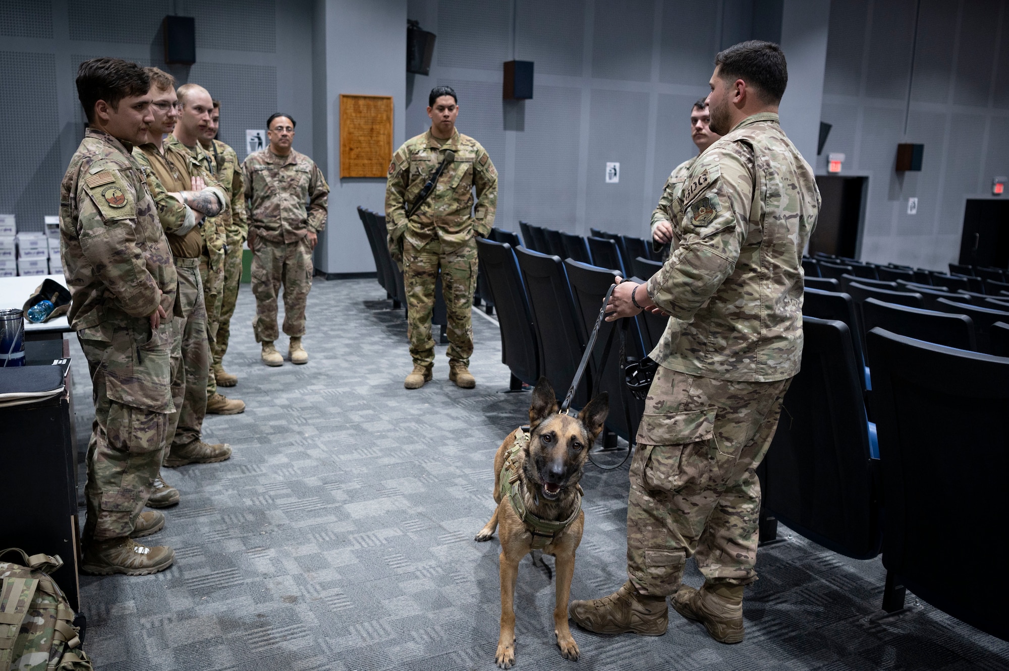 U.S. Air Force Senior Airman Sean Capan, a 386th Expeditionary Security Forces Squadron Military Working Dog handler, briefs first responders during a MWD emergency medical training at Ali Al Salem Air Base, Kuwait, Feb. 28, 2023.