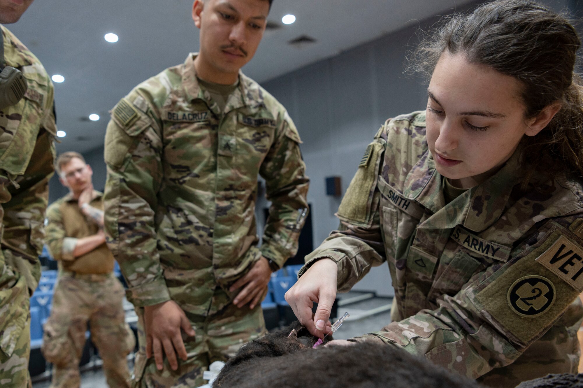 U.S. Army Pfc. Taryn Smith, a 109th Medical Detachment Veterinary Services animal care specialist, demonstrates how to insert a catheter on a Military Working Dog during a MWD emergency medical training at Ali Al Salem Air Base, Kuwait, Feb. 28, 2023.