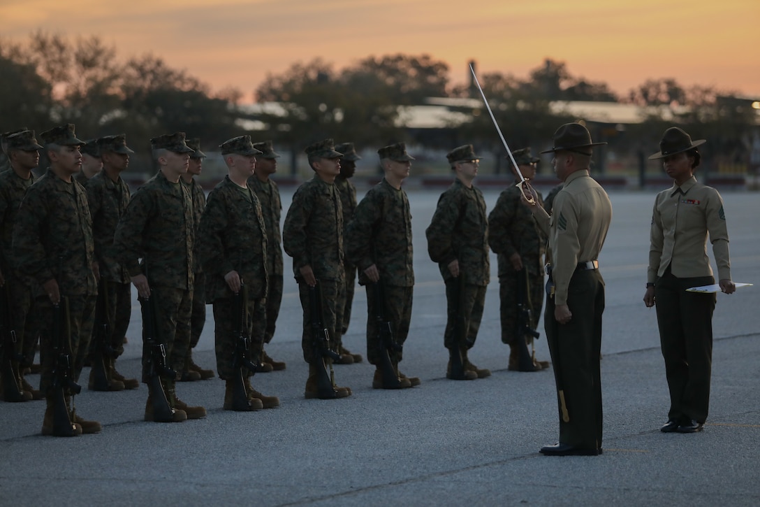 Recruits from Hotel Company, 2nd Recruit Training Battalion, participate in the initial drill inspection on Marine Corps Recruit Depot Parris Island, S.C., Feb. 20, 2023. 

Initial Drill is the first marker of the recruits' discipline and unit cohesion. (U.S. Marine Corps photo by Lance Cpl. Brenna Ritchie)