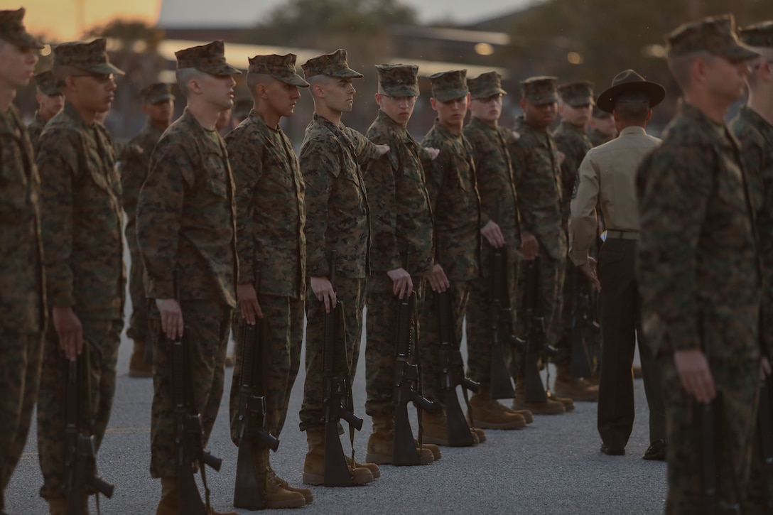 Recruits from Hotel Company, 2nd Recruit Training Battalion, participate in the initial drill inspection on Marine Corps Recruit Depot Parris Island, S.C., Feb. 20, 2023.

Initial Drill is the first marker of the recruits' discipline and unit cohesion. (U.S. Marine Corps photo by Lance Cpl. Brenna Ritchie)