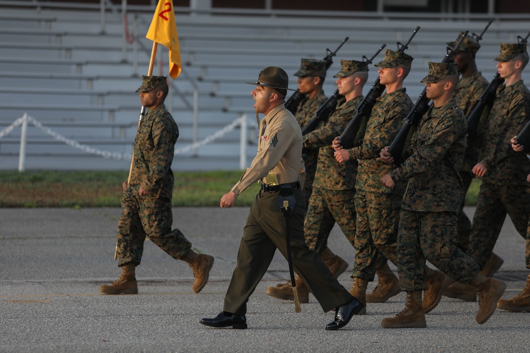 Recruits from Hotel Company, 2nd Recruit Training Battalion, participate in the initial drill inspection on Marine Corps Recruit Depot Parris Island, S.C., Feb. 20, 2023.

Initial Drill is the first marker of the recruits' discipline and unit cohesion. (U.S. Marine Corps photo by Lance Cpl. Brenna Ritchie)