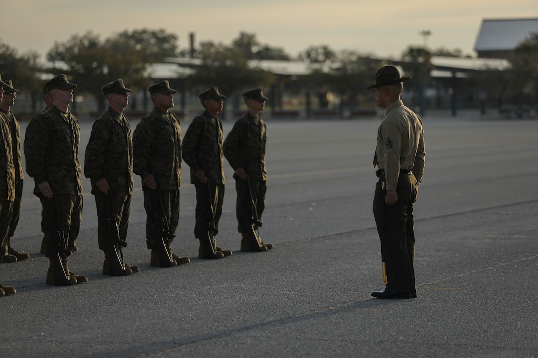 Recruits from Hotel Company, 2nd Recruit Training Battalion, participate in the initial drill inspection on Marine Corps Recruit Depot Parris Island, S.C., Feb. 20, 2023.

Initial Drill is the first marker of the recruits' discipline and unit cohesion. (U.S. Marine Corps photo by Lance Cpl. Brenna Ritchie)