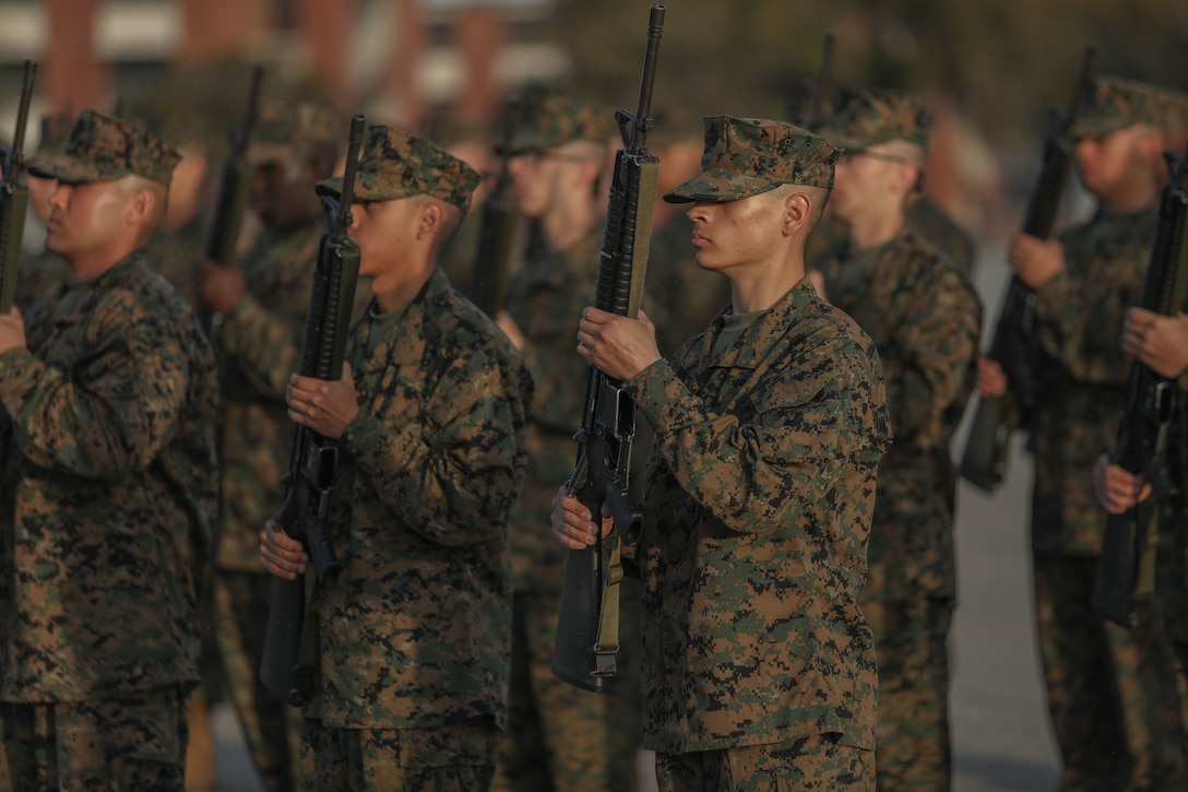 Recruits from Hotel Company, 2nd Recruit Training Battalion, participate in the initial drill inspection on Marine Corps Recruit Depot Parris Island, S.C., Feb. 20, 2023.

Initial Drill is the first marker of the recruits' discipline and unit cohesion. (U.S. Marine Corps photo by Lance Cpl. Brenna Ritchie)