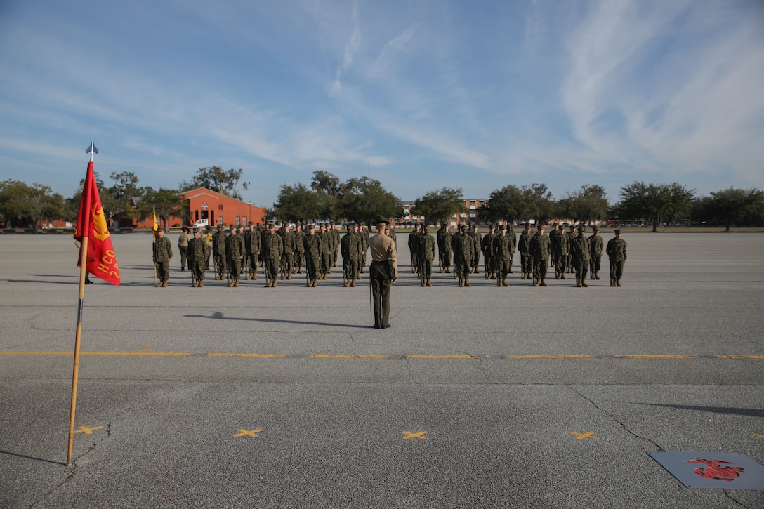 Recruits from Hotel Company, 2nd Recruit Training Battalion, participate in the initial drill inspection on Marine Corps Recruit Depot Parris Island, S.C., Feb. 20, 2023.

Initial Drill is the first marker of the recruits' discipline and unit cohesion. (U.S. Marine Corps photo by Lance Cpl. Brenna Ritchie)