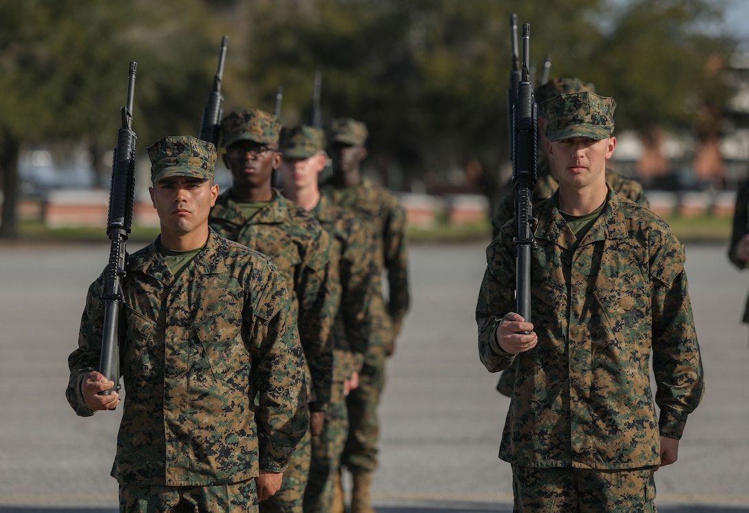 Recruits from Hotel Company, 2nd Recruit Training Battalion, participate in the initial drill inspection on Marine Corps Recruit Depot Parris Island, S.C., Feb. 20, 2023.

Initial Drill is the first marker of the recruits' discipline and unit cohesion. (U.S. Marine Corps photo by Lance Cpl. Brenna Ritchie)