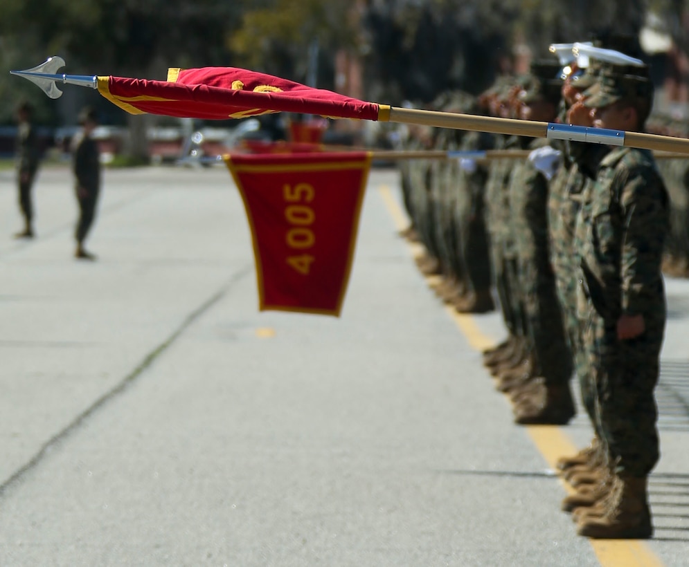 New Marines with Papa Company, 4th Recruit Training Battalion, practice for graduation, on Marine Corps Recruit Depot Parris Island, S.C., Feb. 22, 2023. The recruits endured 13 weeks of rigorous, transformative training to become United States Marines. (U.S. Marine Corps photo by Pfc. Mary Jenni)