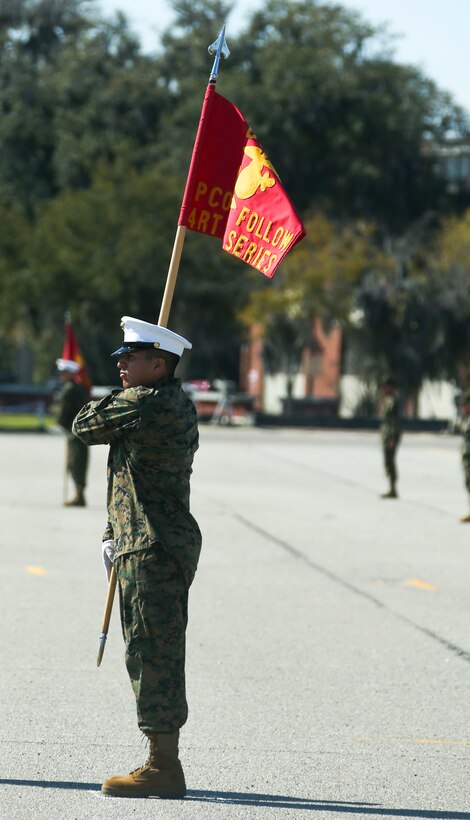 New Marines with Papa Company, 4th Recruit Training Battalion, practice for graduation, on Marine Corps Recruit Depot Parris Island, S.C., Feb. 22, 2023. The recruits endured 13 weeks of rigorous, transformative training to become United States Marines. (U.S. Marine Corps photo by Pfc. Mary Jenni)