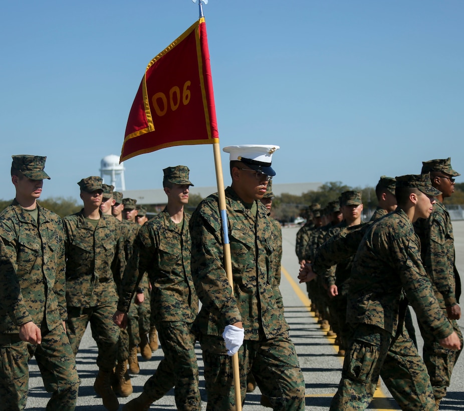 New Marines with Papa Company, 4th Recruit Training Battalion, practice for graduation, on Marine Corps Recruit Depot Parris Island, S.C., Feb. 22, 2023. The recruits endured 13 weeks of rigorous, transformative training to become United States Marines. (U.S. Marine Corps photo by Pfc. Mary Jenni)