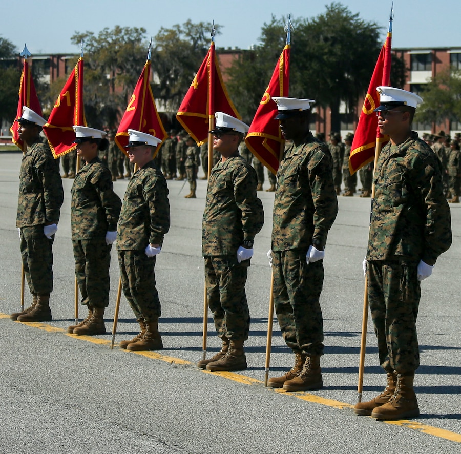 New Marines with Papa Company, 4th Recruit Training Battalion, practice for graduation, on Marine Corps Recruit Depot Parris Island, S.C., Feb. 22, 2023. The recruits endured 13 weeks of rigorous, transformative training to become United States Marines. (U.S. Marine Corps photo by Pfc. Mary Jenni)