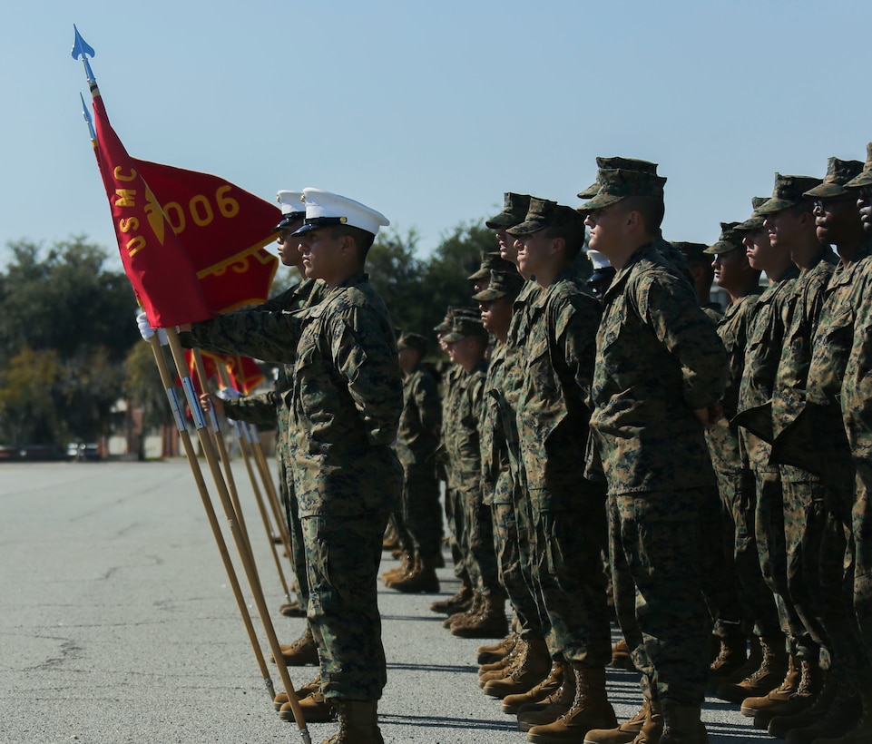 New Marines with Papa Company, 4th Recruit Training Battalion, practice for graduation, on Marine Corps Recruit Depot Parris Island, S.C., Feb. 22, 2023. The recruits endured 13 weeks of rigorous, transformative training to become United States Marines. (U.S. Marine Corps photo by Pfc. Mary Jenni)